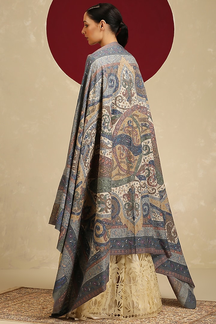 Multi-Colored Handloom Pashmina Kalamkari Hand Painted & Hand Embroidered Shawl by Shaza at Pernia's Pop Up Shop