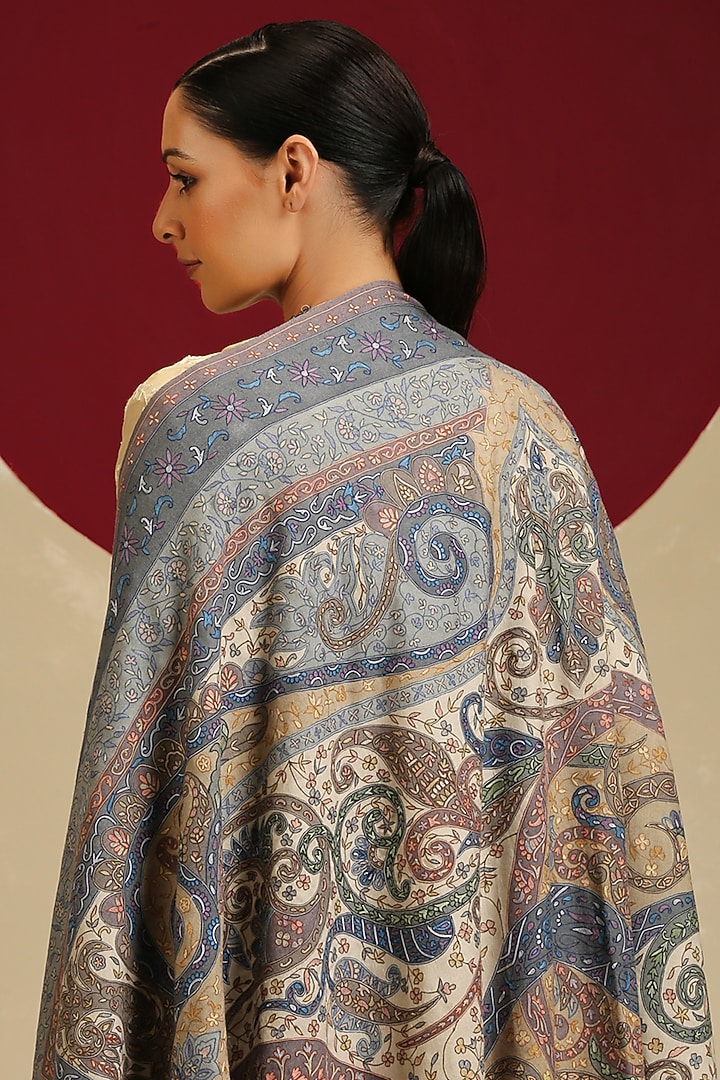 Multi-Colored Handloom Pashmina Kalamkari Hand Painted & Hand Embroidered Shawl by Shaza at Pernia's Pop Up Shop