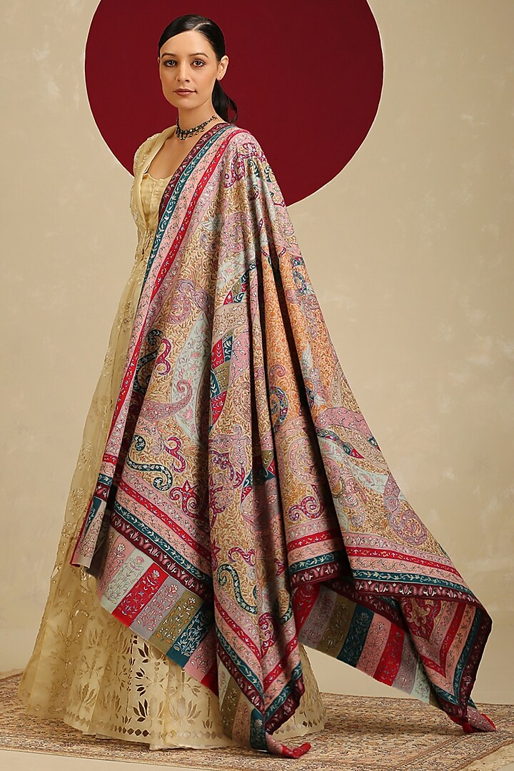 Multi-Colored Handloom Pashmina Kalamkari Hand Painted & Hand Embroidered Shawl by Shaza at Pernia's Pop Up Shop