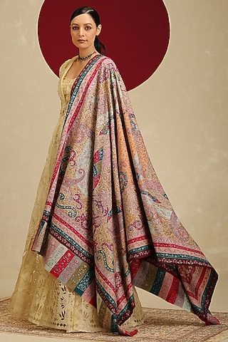 Multi-Colored Handloom Pashmina Kalamkari Hand Painted & Hand Embroidered Shawl by Shaza