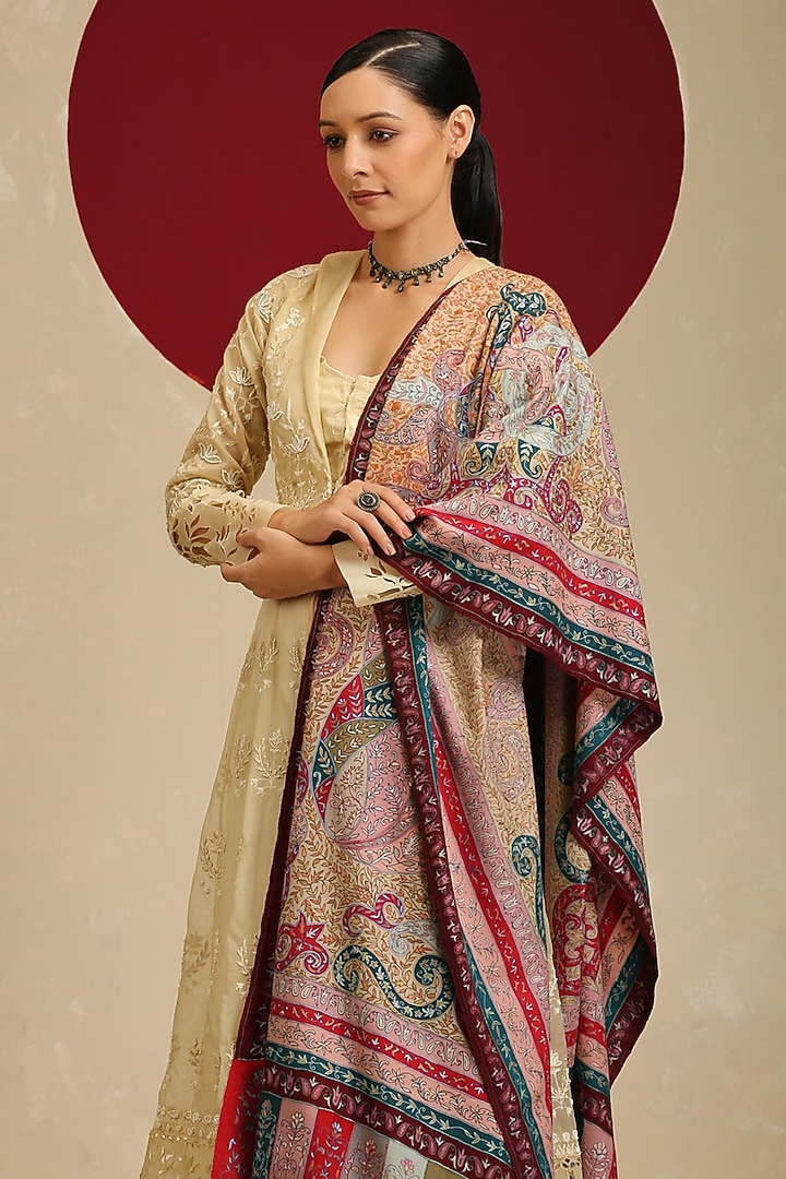 Multi-Colored Handloom Pashmina Kalamkari Hand Painted & Hand Embroidered Shawl by Shaza at Pernia's Pop Up Shop