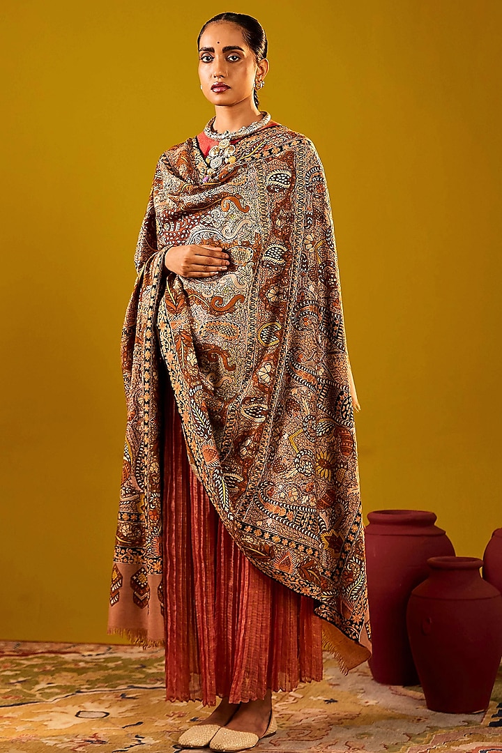 Soft Beige & Brown Handloom Pashmina Kalamkari Hand Embroidered Shawl by Shaza at Pernia's Pop Up Shop