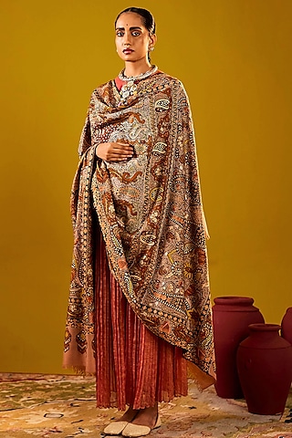 Soft Beige & Brown Handloom Pashmina Kalamkari Hand Embroidered Shawl by Shaza