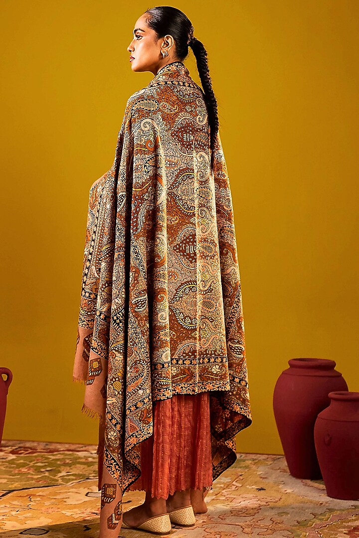 Soft Beige & Brown Handloom Pashmina Kalamkari Hand Embroidered Shawl by Shaza at Pernia's Pop Up Shop