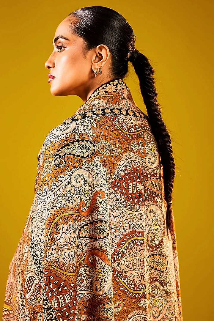 Soft Beige & Brown Handloom Pashmina Kalamkari Hand Embroidered Shawl by Shaza at Pernia's Pop Up Shop