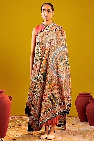 Multi-Colored Handloom Pashmina Kalamkari Floral Hand Painted & Hand Embroidered Shawl by Shaza