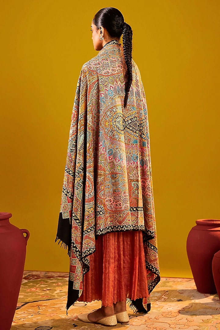 Multi-Colored Handloom Pashmina Kalamkari Floral Hand Painted & Hand Embroidered Shawl by Shaza at Pernia's Pop Up Shop
