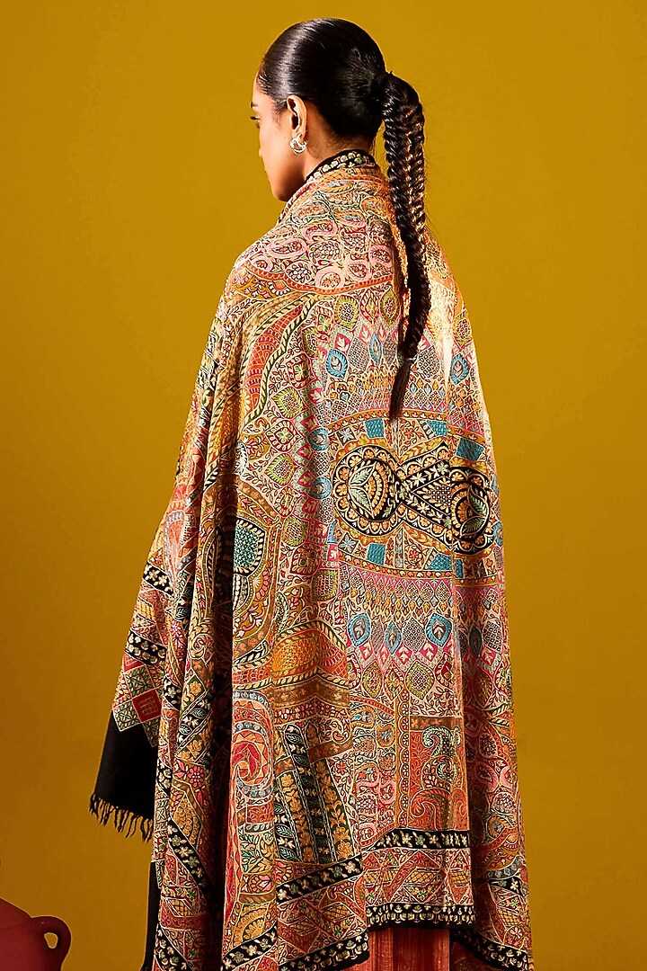 Multi-Colored Handloom Pashmina Kalamkari Floral Hand Painted & Hand Embroidered Shawl by Shaza at Pernia's Pop Up Shop