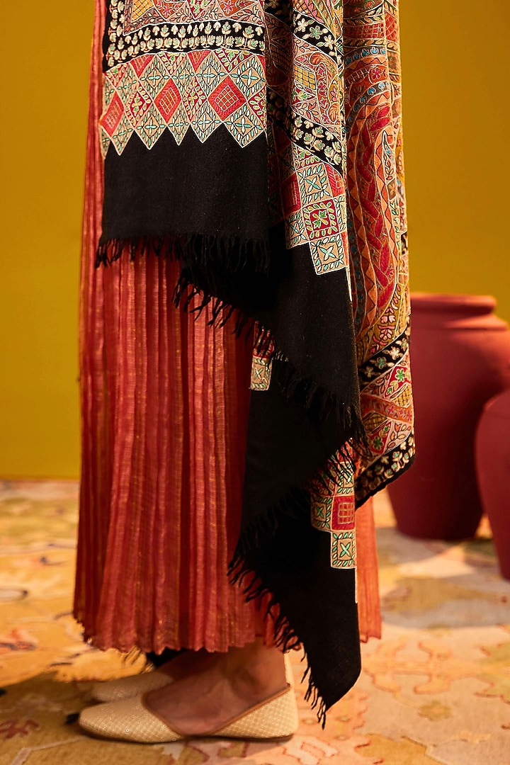 Multi-Colored Handloom Pashmina Kalamkari Floral Hand Painted & Hand Embroidered Shawl by Shaza at Pernia's Pop Up Shop