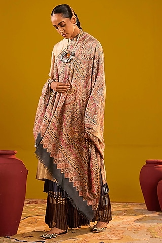 Multi-Colored Handloom Pashmina Kalamkari Hand Painted & Hand Embroidered Shawl by Shaza