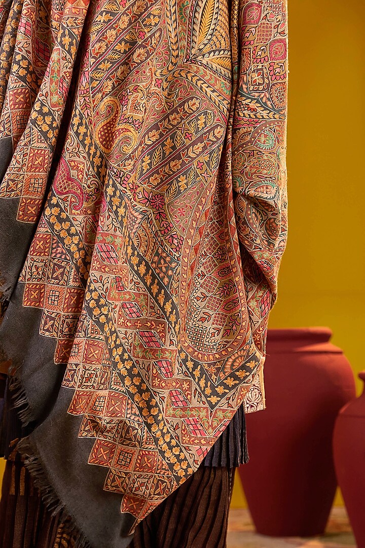 Multi-Colored Handloom Pashmina Kalamkari Hand Painted & Hand Embroidered Shawl by Shaza at Pernia's Pop Up Shop