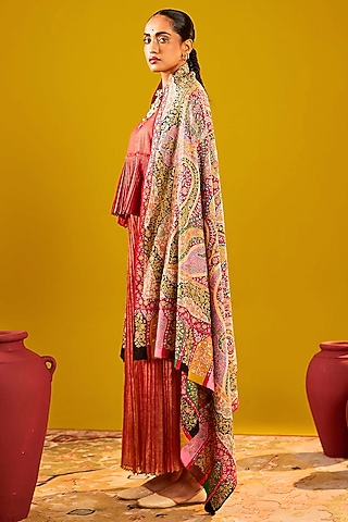 Multi-Colored Handloom Pashmina Kalamkari Floral Hand Painted & Hand Embroidered Shawl by Shaza