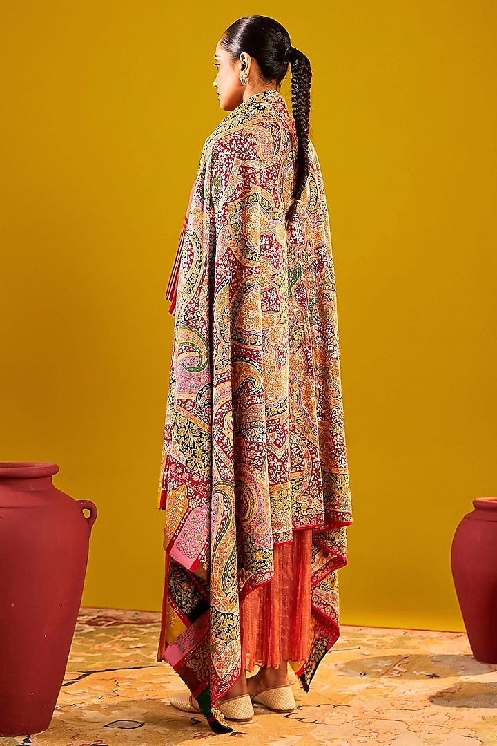 Multi-Colored Handloom Pashmina Kalamkari Floral Hand Painted & Hand Embroidered Shawl by Shaza at Pernia's Pop Up Shop