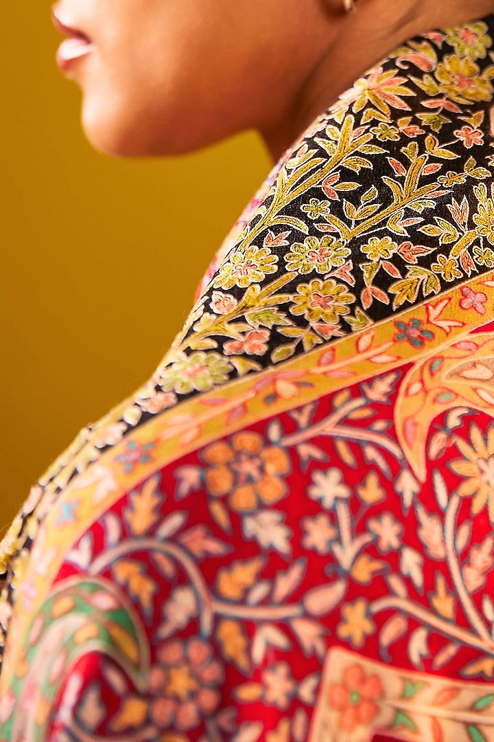 Multi-Colored Handloom Pashmina Kalamkari Floral Hand Painted & Hand Embroidered Shawl by Shaza at Pernia's Pop Up Shop