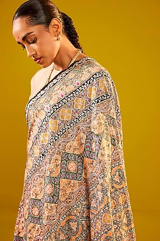 Multi-Colored Handloom Pashmina Kalamkari Floral Hand Painted & Hand Embroidered Shawl by Shaza