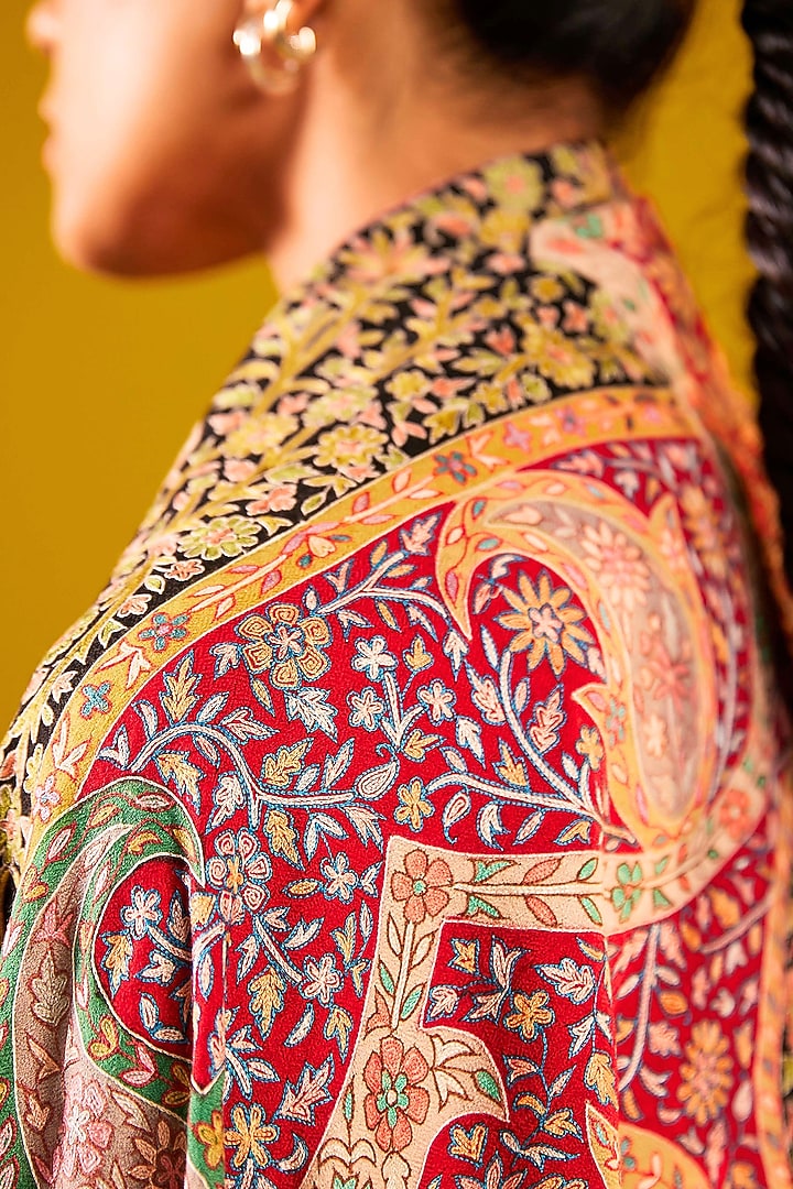 Multi-Colored Handloom Pashmina Kalamkari Floral Hand Painted & Hand Embroidered Shawl by Shaza at Pernia's Pop Up Shop