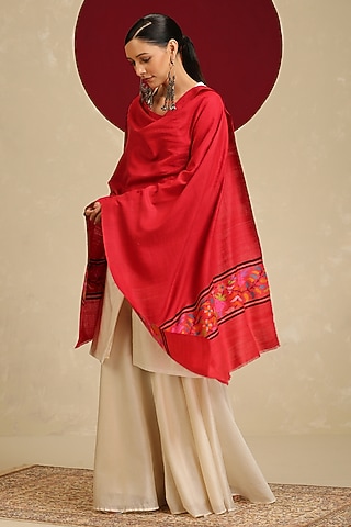 Red Handloom Pashmina Kani Weave Stole by Shaza