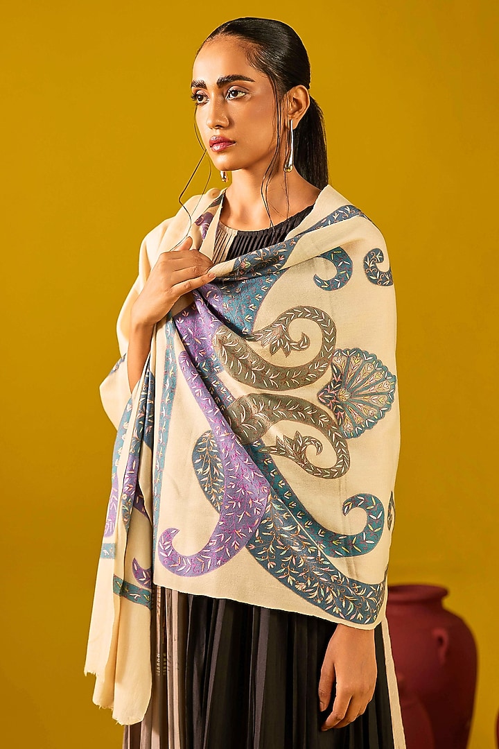 Ivory Handloom Pashmina Kalamkari Hand Painted & Hand Embroidered Stole by Shaza at Pernia's Pop Up Shop