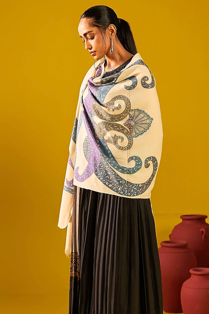 Ivory Handloom Pashmina Kalamkari Hand Painted & Hand Embroidered Stole by Shaza at Pernia's Pop Up Shop