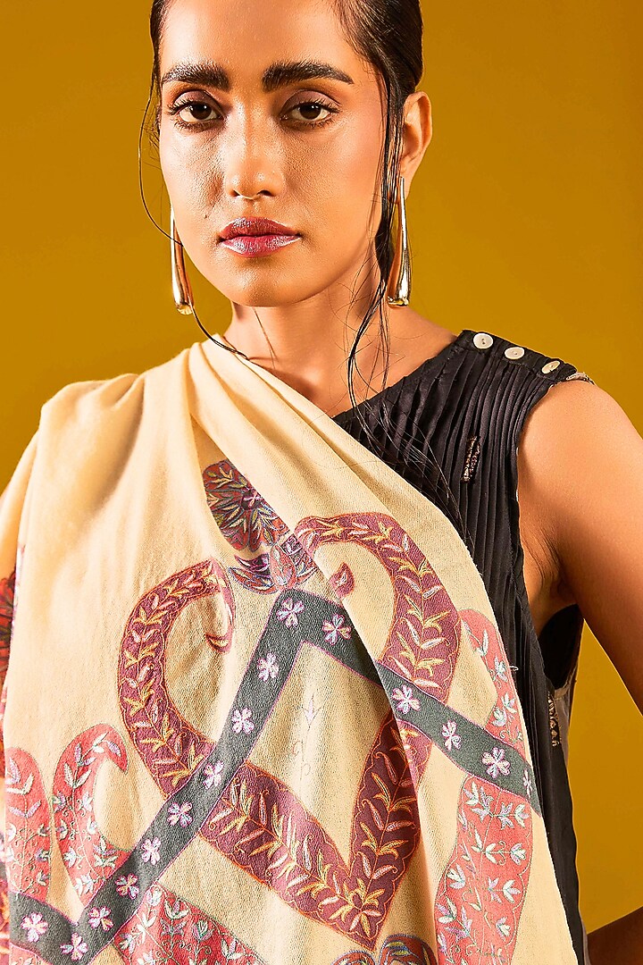 Cream White Handloom Pashmina Kalamkari Hand Painted & Hand Embroidered Stole by Shaza at Pernia's Pop Up Shop