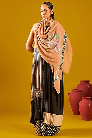 Fawn Handloom Pashmina Kalamkari Hand Painted & Hand Embroidered Stole by Shaza