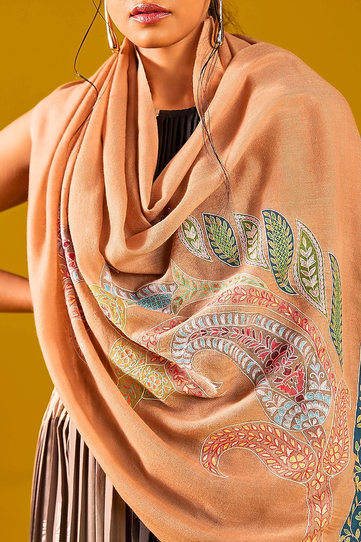 Fawn Handloom Pashmina Kalamkari Hand Painted & Hand Embroidered Stole by Shaza at Pernia's Pop Up Shop