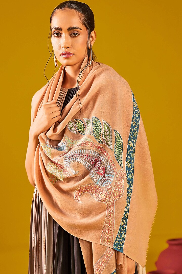 Fawn Handloom Pashmina Kalamkari Hand Painted & Hand Embroidered Stole by Shaza at Pernia's Pop Up Shop