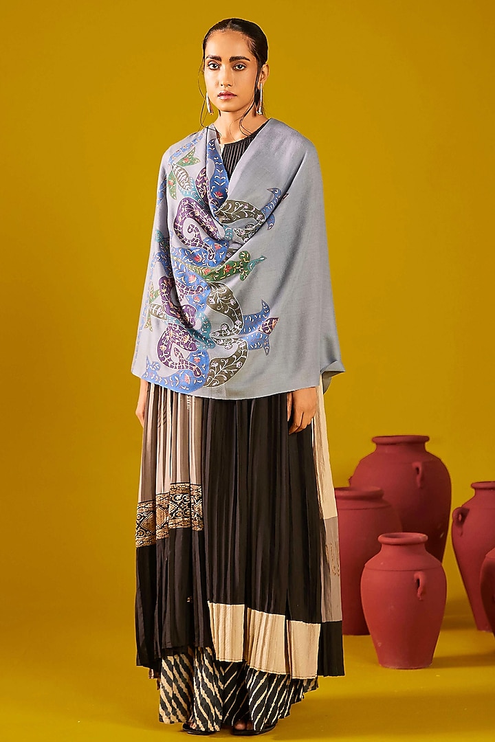 Blue Grey Handloom Pashmina Kalamkari Hand Painted & Hand Embroidered Stole by Shaza at Pernia's Pop Up Shop