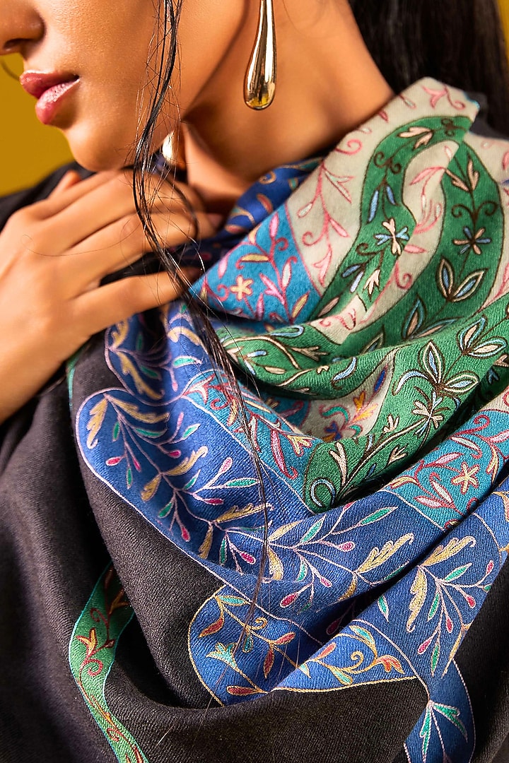 Black Handloom Pashmina Kalamkari Hand Painted & Hand Embroidered Stole by Shaza at Pernia's Pop Up Shop