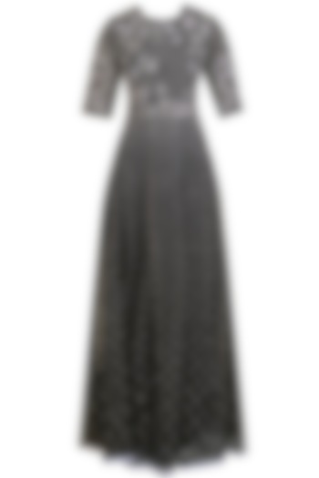 Black and White Applique Work Long Maxi Dress by Shasha Gaba