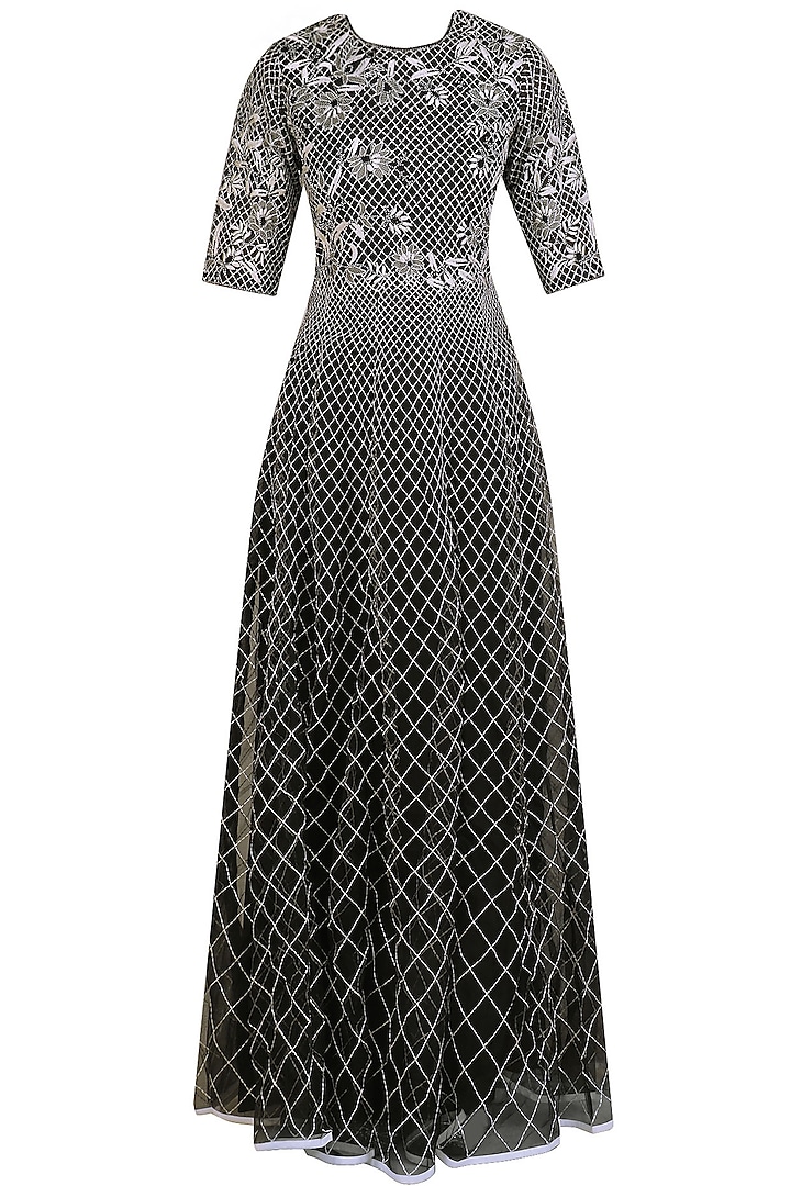 Black and White Applique Work Long Maxi Dress by Shasha Gaba