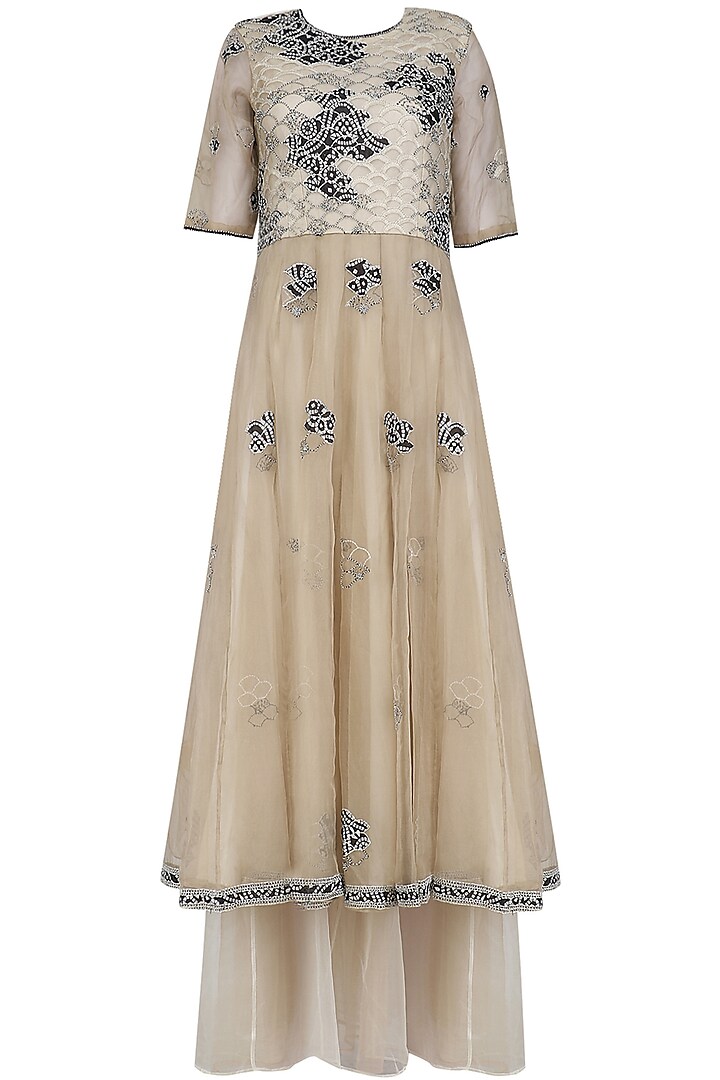 Nude embroidered pleated maxi dress available only at Pernia's Pop Up ...