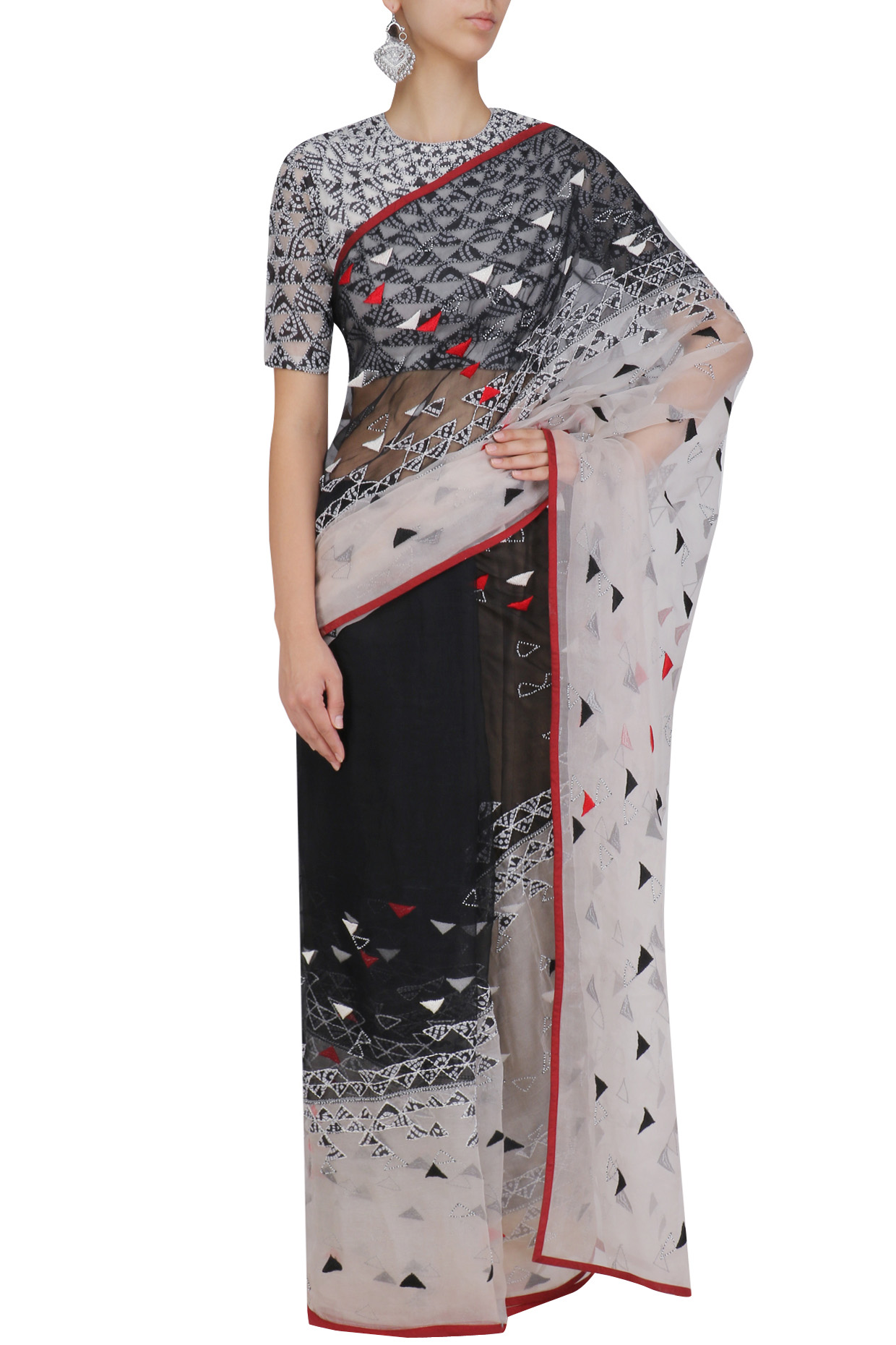 White, black and red triangular motifs saree and blouse set available only at Pernia's Pop Up Shop.