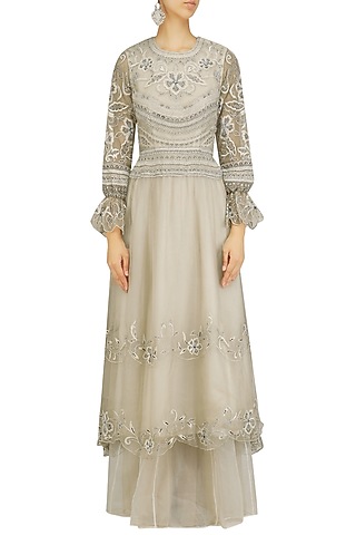 Nude Lakhnavi Embroidered Dress by Shasha Gaba