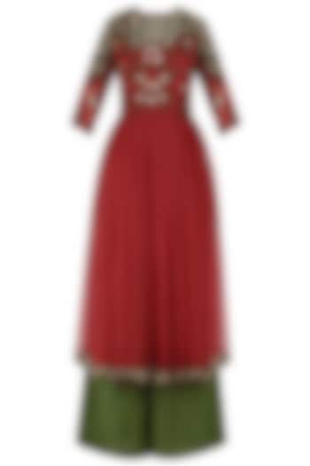 Rose red embroidered kurta with olive green palazzo pants available only at Pernia's Pop Up Shop.