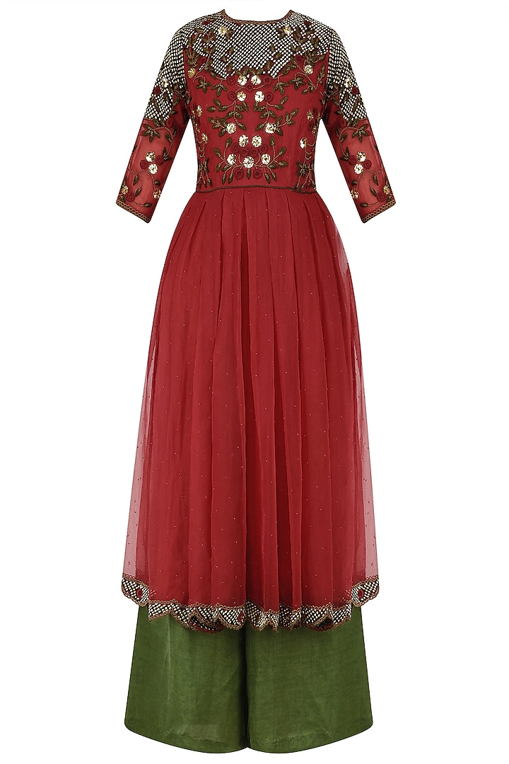 Rose red embroidered kurta with olive green palazzo pants available only at Pernia's Pop Up Shop.