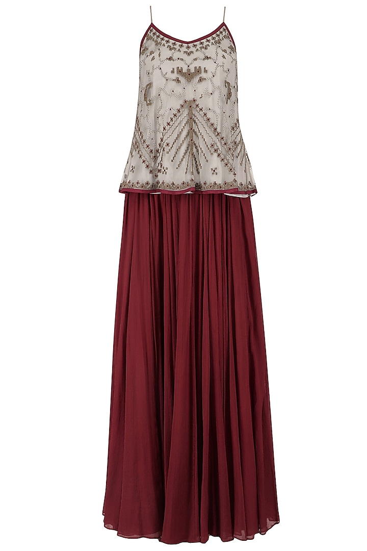 Grey Beads Embroidered Camisole Top with Maroon Skirt by Shasha Gaba