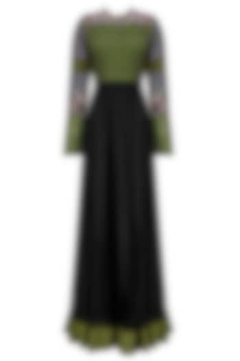 Black and Olive Green Pleated Yoke Dress by Shasha Gaba