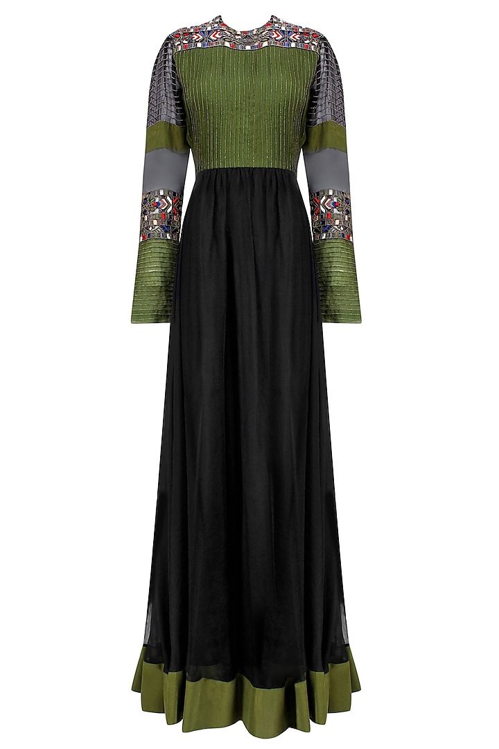 Black and Olive Green Pleated Yoke Dress by Shasha Gaba