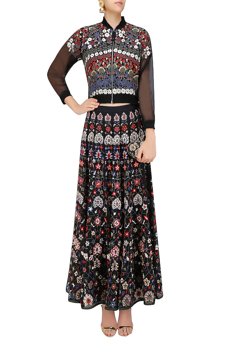 Black floral embroidered bomber jacket and lehenga skirt set available only at Pernia's Pop Up Shop.