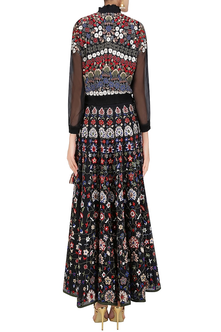 Black floral embroidered bomber jacket and lehenga skirt set available only at Pernia's Pop Up Shop.