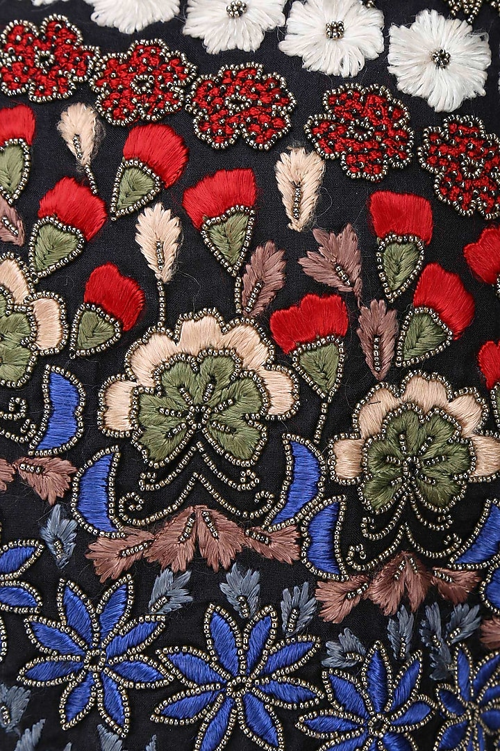 Black floral embroidered bomber jacket and lehenga skirt set available only at Pernia's Pop Up Shop.