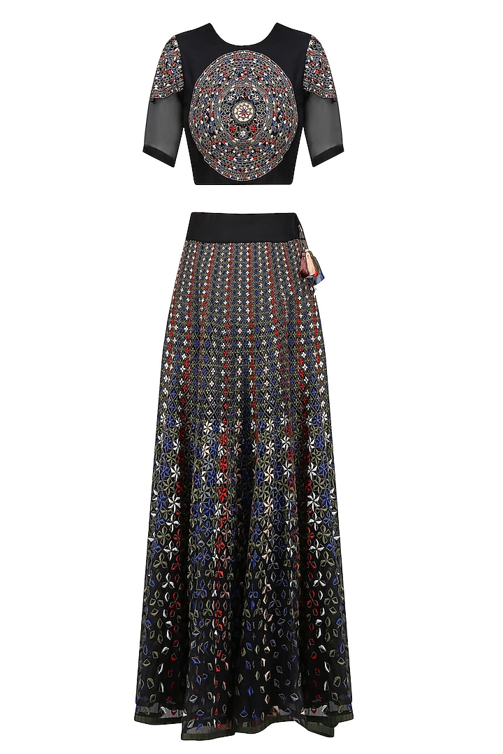 Black Floral Embroidered Crop Top and Lehenga Skirt Set by Shasha Gaba