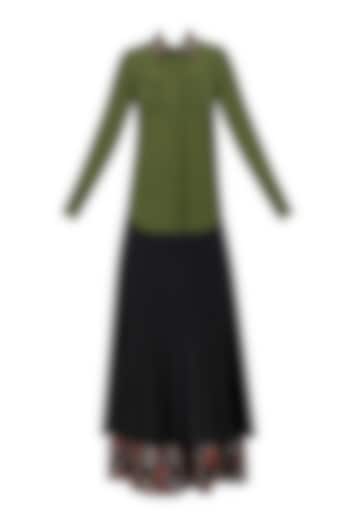 Olive Green Embroidered Shirt and Black Knee Length Skirt Set by Shasha Gaba