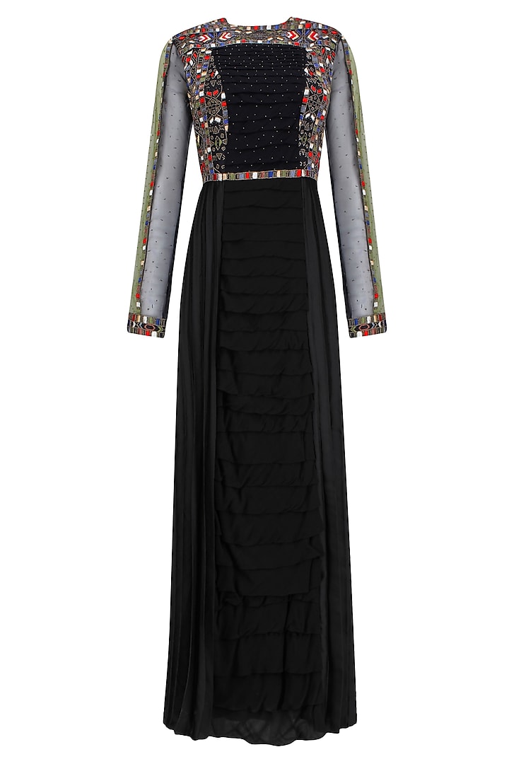 Black Resham Embroidered Long Dress by Shasha Gaba