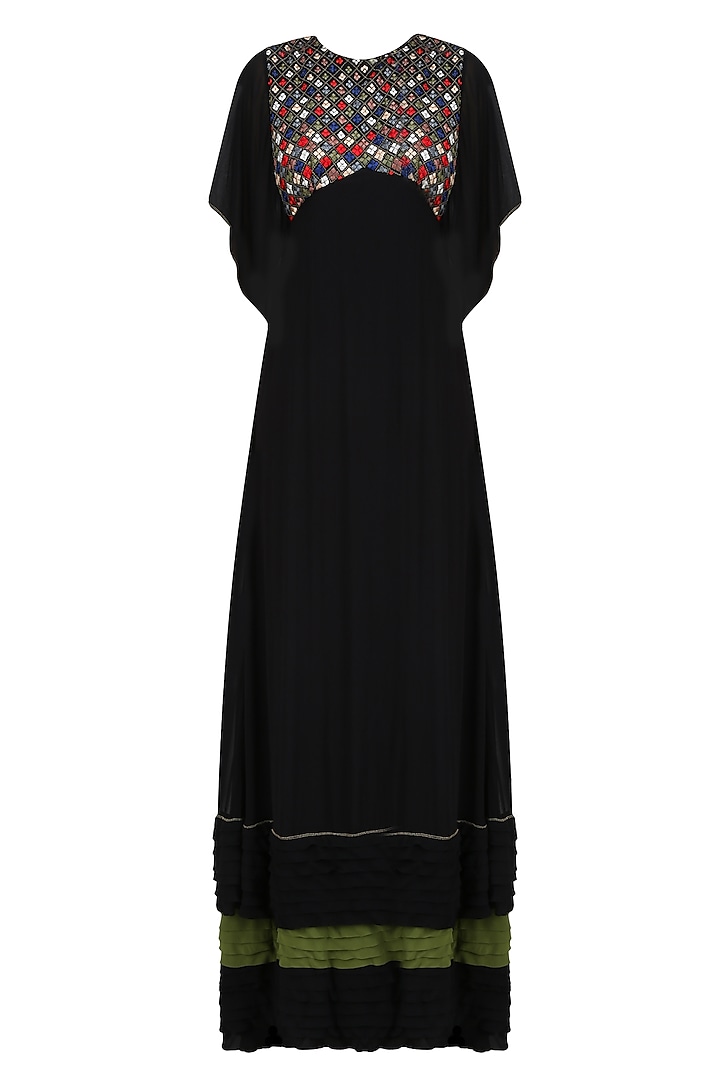 Black Resham Thread Embroidered Flared Dress by Shasha Gaba