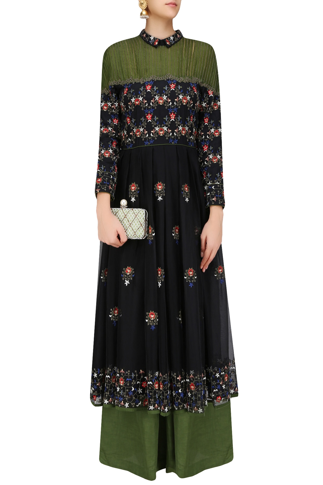olive green embroidered dress