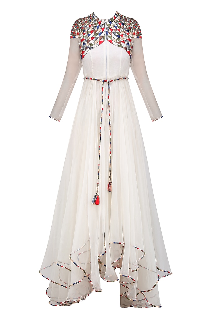 White Geometric Pattern Embroidered High Low Trail Cut Dress by Shasha Gaba