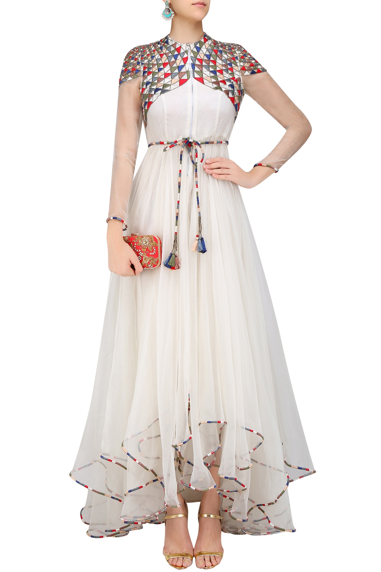 White geometric pattern embroidered high low trail cut dress