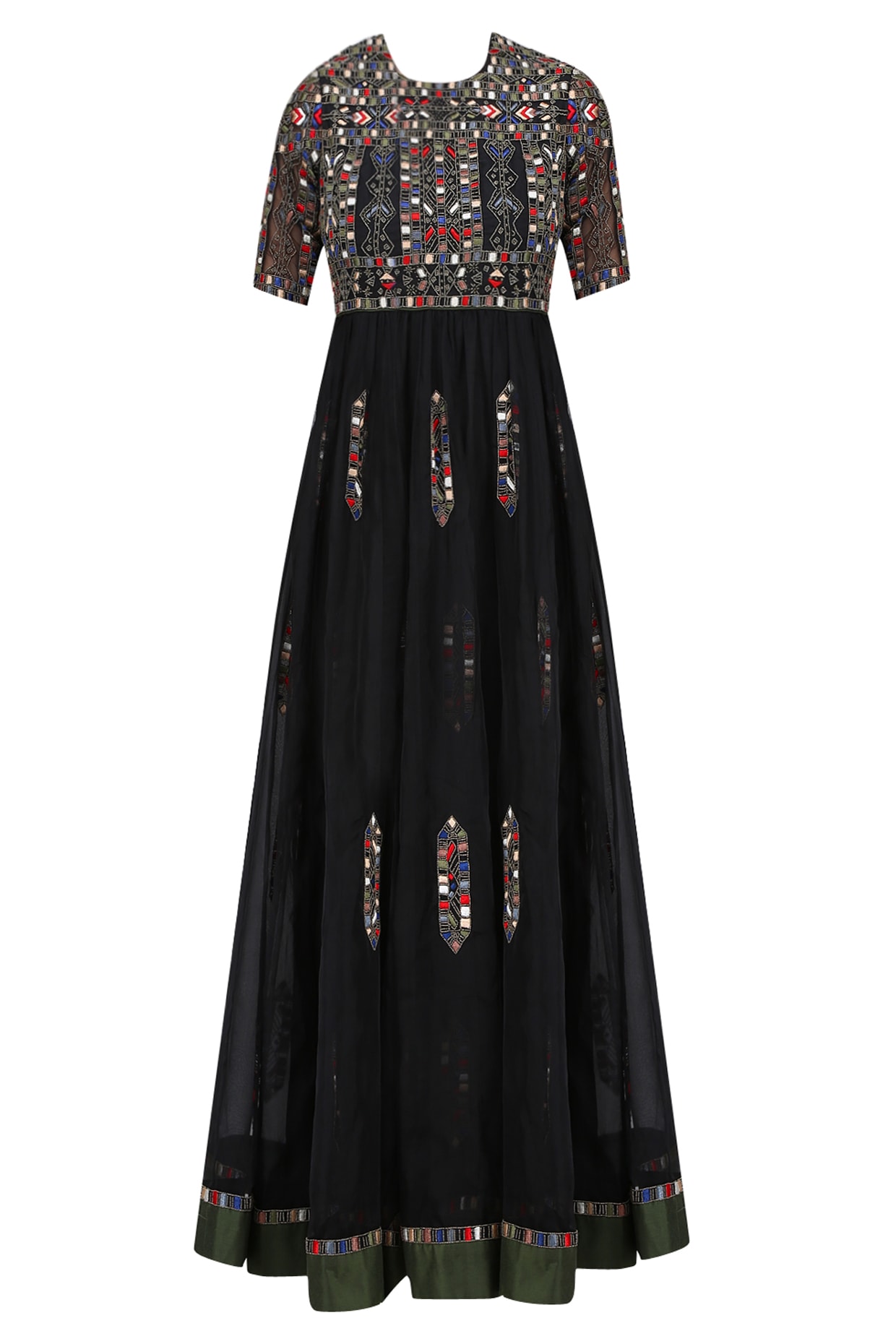 Black geometric pattern glass beads embroidered dress available
